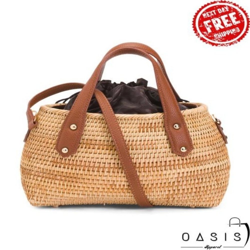 PULICATI Leather Trim Rattan Satchel/ Women's Bag